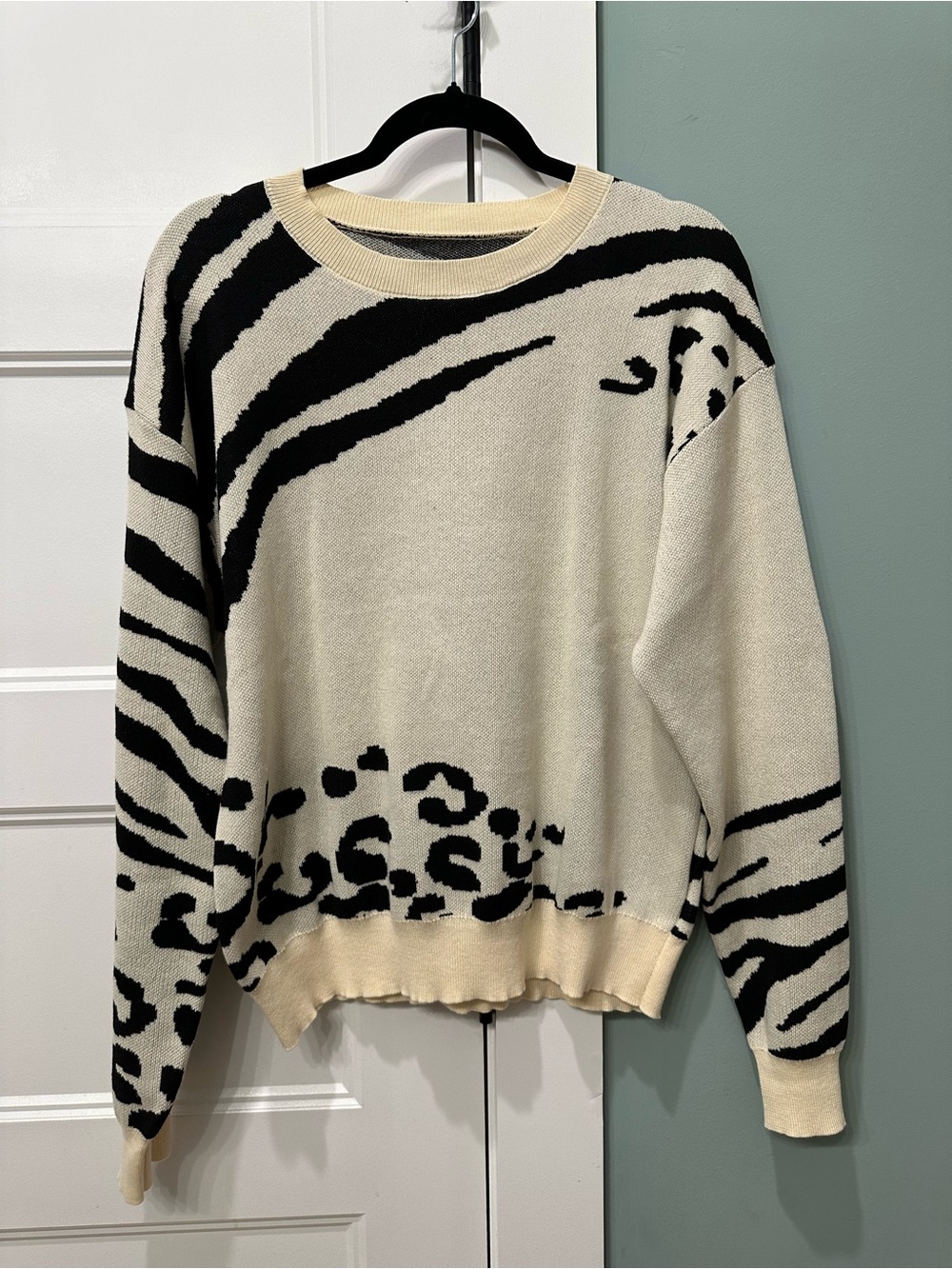 Cream & Black Animal Print Crewneck Sweater
